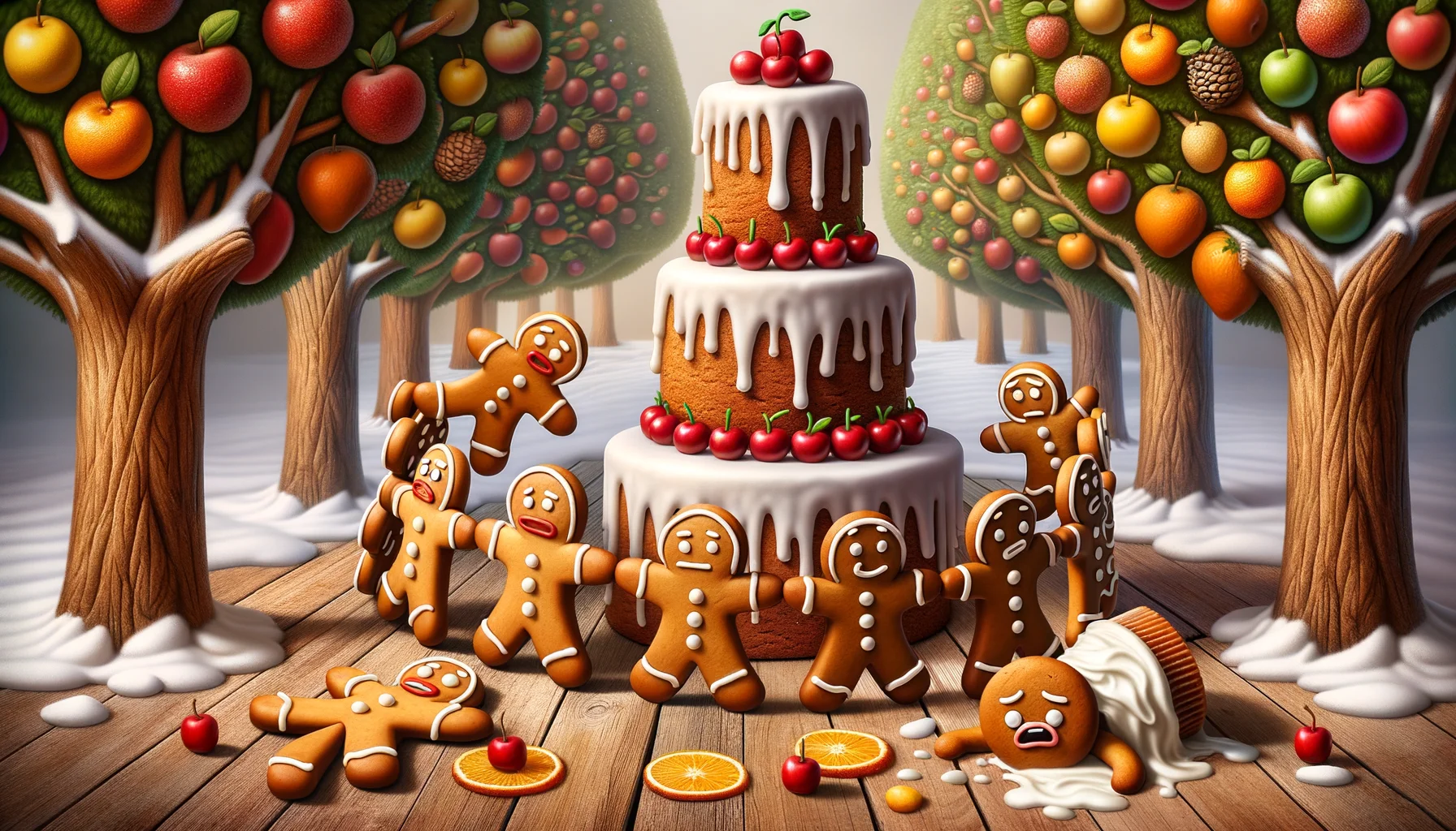 An amusing and realistic scene of dynamic seasonal delicacies being at the center stage. At the center, gingerbread cookies are decorating a tree, each hand in hand, forming a convivial chain. One appears to be slipping, causing an exaggerated domino effect, toppling the others with surprised expressions. To the side, a white frosted cake mocks the slipping cookie, icing drizzling down its sides like melting snow. The background showcases trees with leaves made of varied fruit candies to symbolize different seasons. This whimsical picture of drama within the confectionery world is filled with light-hearted humor and clear seasonal themes.