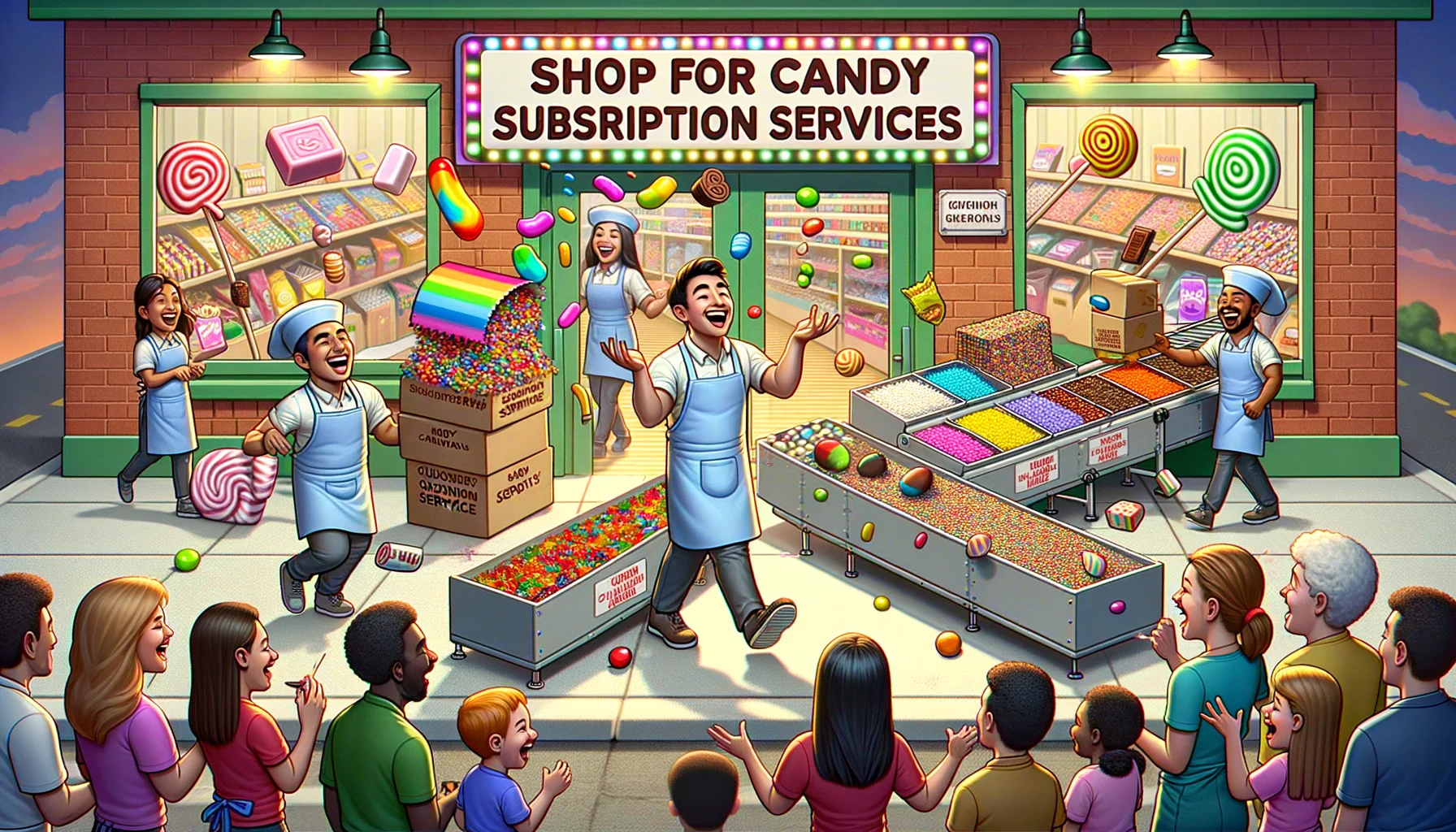 Imagine a humorous scenario at a candy subscription service store, set in a bustling small town. The front entrance displays a vibrant array of multicolored candies, lollipops, and chocolate bars. Two cheerful employees, a South Asian man and a Hispanic woman, are juggling gummy worms and throwing large marshmallows to each other. Between them, a conveyor belt transports boxes filled with various sweets to the packing area. Customers, both adults and children of different descents and genders, are laughing and pointing at the playful scene, while other staff are busy wrapping candy boxes with bright, flashy ribbons. The sign overhead reads, 'Shop for Candy Subscription Services.'