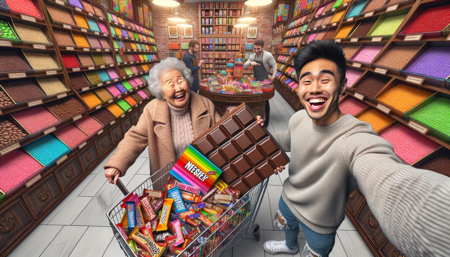 Picture an ideal and amusing scenario for gourmet candy bar shopping. The setting is a brightly-lit, high-end candy store filled with rainbow shelves stacked high with a plethora of tasty and vibrantly colored gourmet candy bars. Among the shoppers, an elderly Asian woman is chuckling as she navigates a cart full of assorted candy with a joyous expression. A Hispanic young man stands in the corner, posing for a selfie while grinning and holding a ridiculously oversized gourmet chocolate bar. The staff, an outgoing black barista cheerfully offers candy samples to the eager customers. The joyful and surreal atmosphere of the place adds a humorous touch to the whole scene.