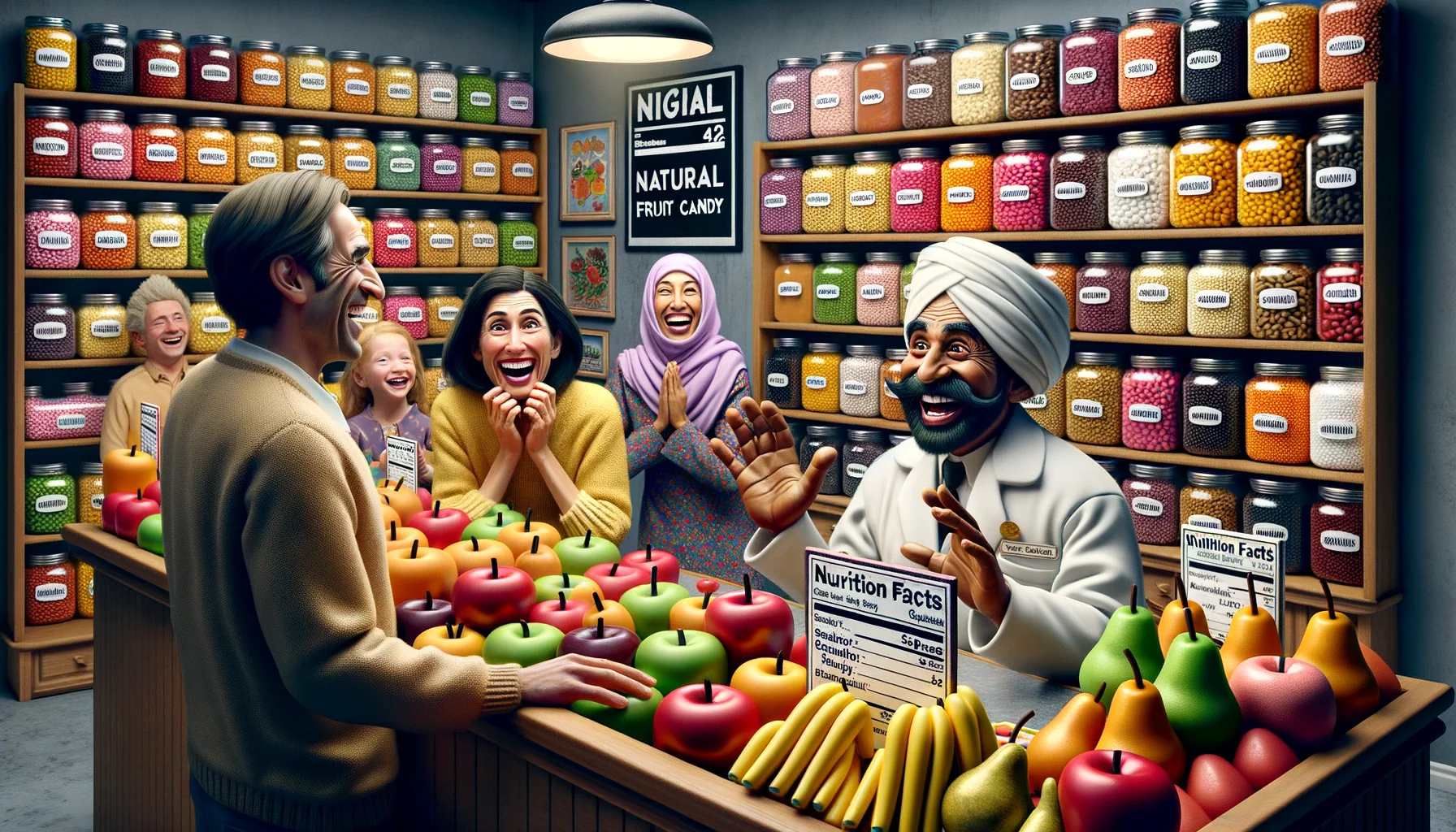 Imagine a humorous and lifelike scene set in a candy store. The shop is filled with various types of natural fruit candies. The shelves are adorned with an array of vibrantly colored, fruit-shaped candies, mimicking a fruit market. A few customers, a Caucasian man and a Middle-Eastern woman, are filled with childlike joy as they marvel at the array of choices. A South Asian shopkeeper, with a twinkling smile, stands behind the counter, offering samples of their best-sellers. Playful details, like a candy apple reading a nutrition facts label or a pear tumbling from a shelf add to the comedic element of the scene.
