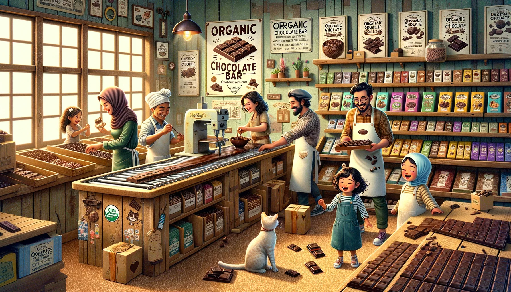 Imagine a quirky, lighthearted scene at an organic chocolate bar shop. A charm-filled space brimming with rustic wooden shelves lined with all sorts of organic chocolate bars in enchanting packaging. There's a chocolate conveyor belt where you can see the chocolate bars being delicately handcrafted by an Asian female chocolatier and a Hispanic male chocolatier, immersed in their work, smiling, wearing aprons splattered with sweet cocoa. A Middle-Eastern family with kids are joyously selecting chocolate bars, their eyes filled with wonder, while a South Asian couple is contemplating the varieties. A cat playfully bats at a chocolate bar wrapper on the sound-softening cork floor. Whimsical, vintage-style posters in the background advertise the delights of organic chocolate.