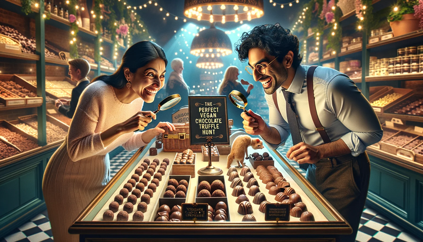 Create a realistic and humorous image set in an enchantingly illuminated boutique chocolate store. At the heart of the scene, a South Asian woman and a Hispanic man are joyfully indulging in the process of choosing from an exquisite array of vegan chocolate truffles. They observe each chocolate with magnifying glasses and scrutinize ingredients intensely, suggesting a comedic hyperbole of the perfection involved in choosing the right truffle. The ambiance is enhanced with mirthful and distinct details such as a mischievous cat attempting to swipe a truffle from a low shelf, and a signboard reading 'The Perfect Vegan Chocolate Truffle Hunt.'