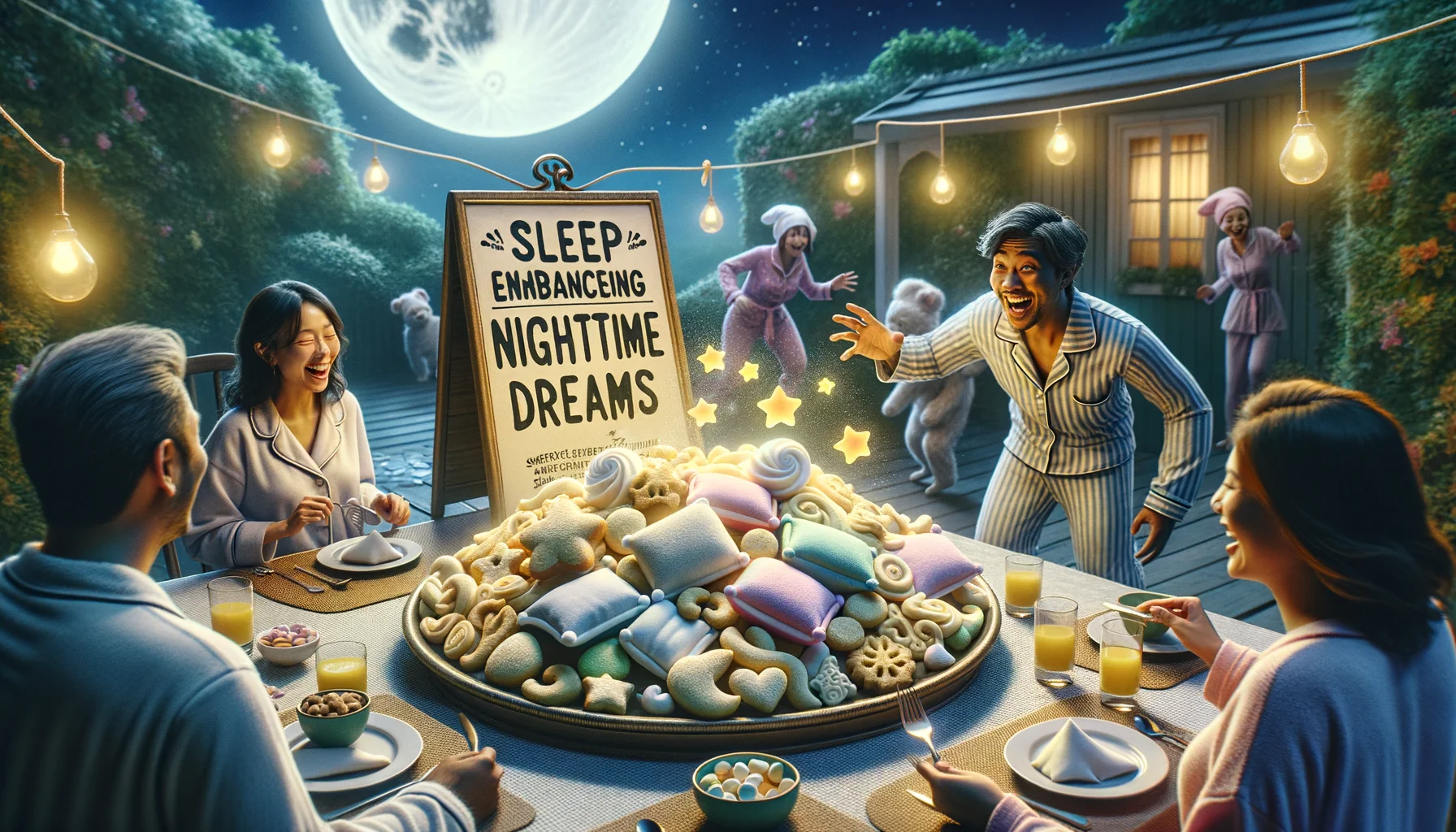 Imagine an amusing, realistic scene that exudes nighttime tranquility. There is a beautifully set, moonlit dining table outdoors, with a platter of 'Sleep-Enhancing Nighttime Sweets' in the center. These sweets have whimsical shapes related to sleep, like mini pillow-shaped marshmallows and star-shaped cookies. Some sweets even have tiny edible images of gentle, sleeping animals on them. A soft, dreamy aura surrounds the platter, symbolizing their sleep-inducing qualities. On the table, there is also a whimsical signboard that humorously advertises these as 'Sweets for deep, delicious dreams'. Nearby, a South Asian man and a Hispanic woman, both in cozy pyjamas, are laughing and preparing to taste these treats, amused by the whole setup.