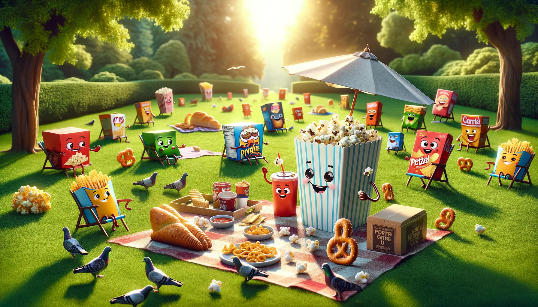 Imagine a humorous and life-like scenario where snack boxes are enjoying their perfect day. View a sunny picnic setting in a lush, vibrant park. There are various snack boxes scattered around, all anthropomorphized with smiling faces and tiny hands and feet. A popcorn box is tossing pieces of popcorn to pigeons, while a chip box is sunbathing under a parasol. An army of mini pretzel wraps are forming an adorable conga line. All around, other snack boxes are engaging in activities, immersed in their fun-filled day. Create this scene with a touch of realism, yet keep it light-hearted and funny.