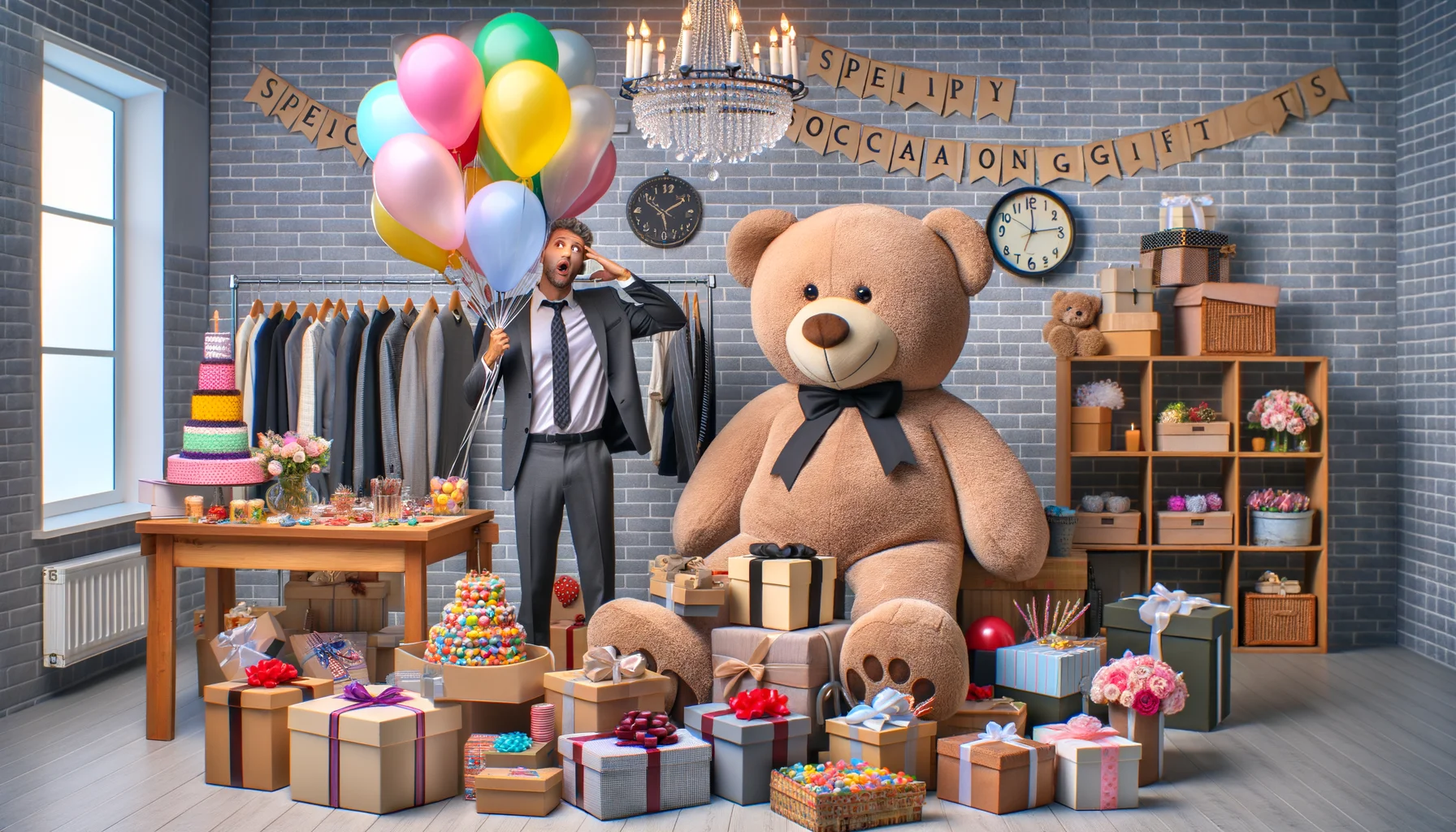 Create a humorous and lifelike image focused on the theme of 'Special Occasion Gifts'. Visualize a well-organized gift shop filled with a diverse range of gifts suitable for all sorts of occasions: birthdays, anniversaries, graduations, and more. Mix humor elements in the scene, for instance, a surprised mannequin holding an oversized teddy bear, a helium balloon stuck on a chandelier, or a candy bouquet toppling over a pyramid of gift boxes. Make sure each decorative item and gift conveys vibrancy and fun.