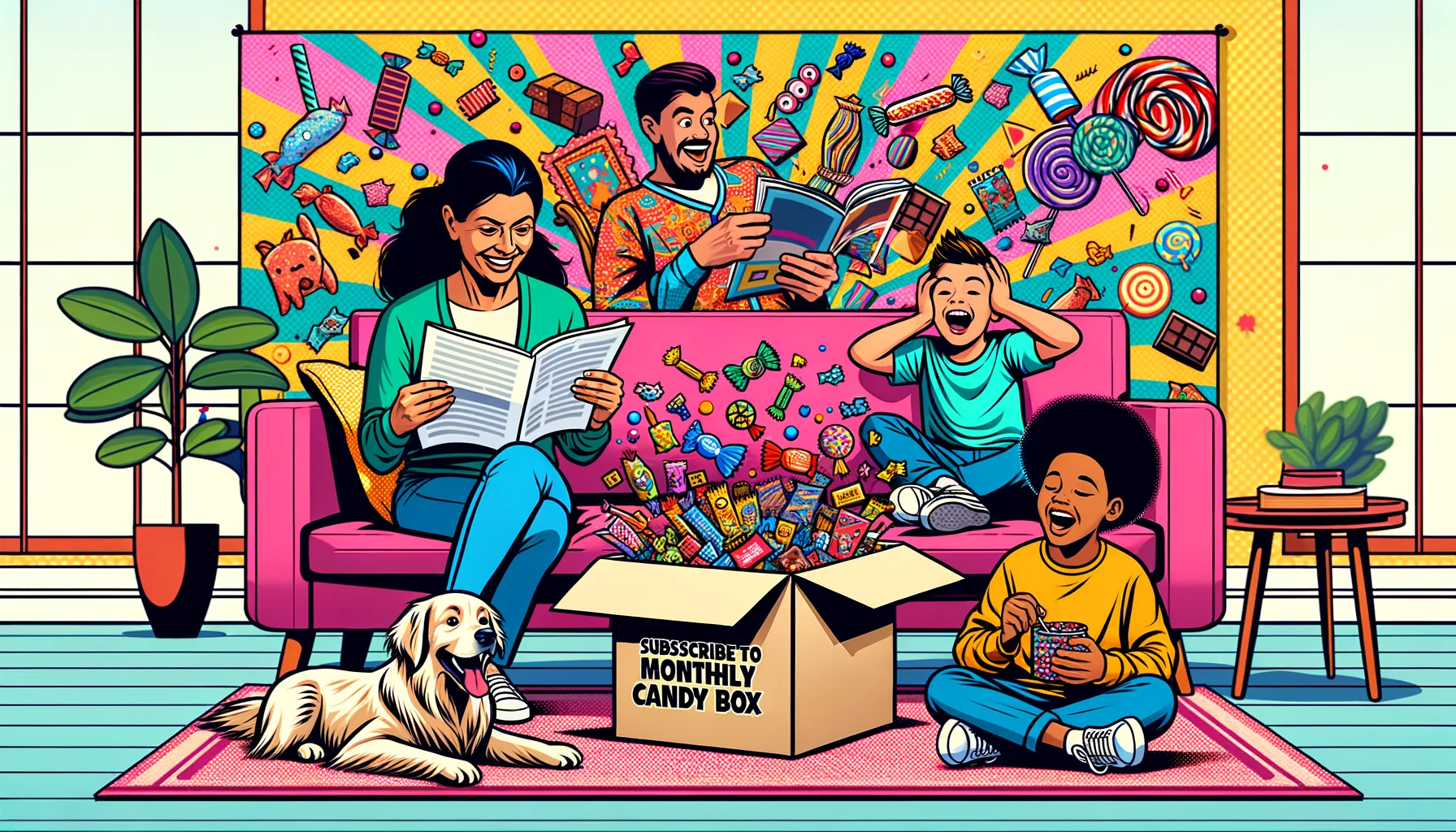 Picture a bright, lively scene in a cozy family room. A Hispanic woman sitting on a plush pink sofa engrossed in her favorite magazine. A Caucasian teenager, her son, across the room unwrapping a Monthly Candy Box with an expression of sheer delight mirrored on a Black toddler sitting on the floor nearby. The box is spilling over with colorful wrapped candies, chocolates, and lollipops. A Golden Retriever, mouth watering, sitting patiently beside the teenager with hopeful eyes towards the candy box. In the background, a bold vibrant banner reads 'Subscribe to Monthly Candy Box' with comical illustrations of joyous people and playful candies.