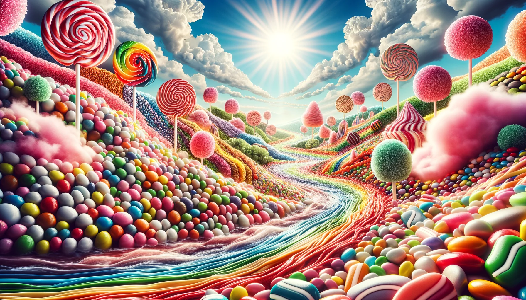 Create a high-quality, realistic, and somewhat humorous image of a candy-filled scenario. Picture a landscape composed entirely of sugar confectionery - lollipops trees swaying in a breeze, bushes of fluffy cotton candy, a river of rainbow-colored liquid candy snaking through the scene, hills of hard candy pebbles, and a sky arching overhead draped with a rainbow of licorice stripes. The Sun, a radiant glob of white sugar candy, illuminates the landscape of sugar delight, seemingly captured with a superior DSLR camera.