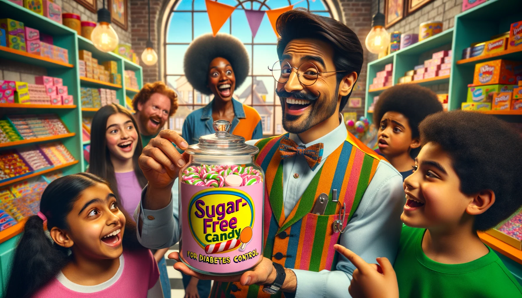 Imagine a comedic but realistic scenario centered around 'Sugar-Free Candy for Diabetes Control'. In a brightly lit, quirky candy store filled with colorful shelves, a bespectacled, grinning South Asian male shopkeeper in a vibrant waistcoat holds aloft a large jar labeled 'Sugar-Free Delights'. A Middle Eastern female customer in bright casual clothes is examining a piece of candy with a look of skeptical delight. They are surrounded by curious children of different descents: a Black girl laughing, a Caucasian boy pointing excitedly, and a Hispanic boy eagerly awaiting a candy taste. The scenario embodies the perfect blend of fun, sweetness, and control.
