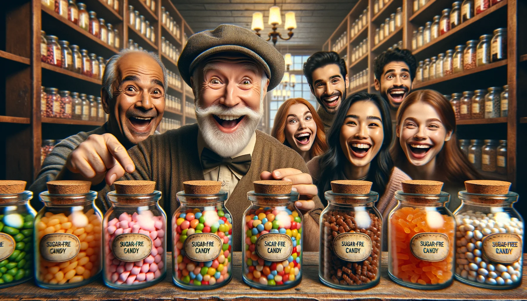 Craft a hilariously entertaining image, brimming with persuasive realism! Visualize a scene set in a quaint, rustic candy shop. Picture shelves lined with rows of jars filled with brightly colored candies. Focus on one jar in particular, cork-topped and stout, with a classic round label with playful cursive lettering reading 'Sugar-Free Candy'. Imagine an array of peculiarly charming customers, a middle-aged Hispanic man smiling mischievously, a young South Asian woman laughing heartily, and an excitable Caucasian boy pointing towards the sugar-free candies with wide eyes, all sharing joyful surprise, as though the discovery of sugar-free candy in this traditional little shop is the most perfect, absurdly delightful scenario.