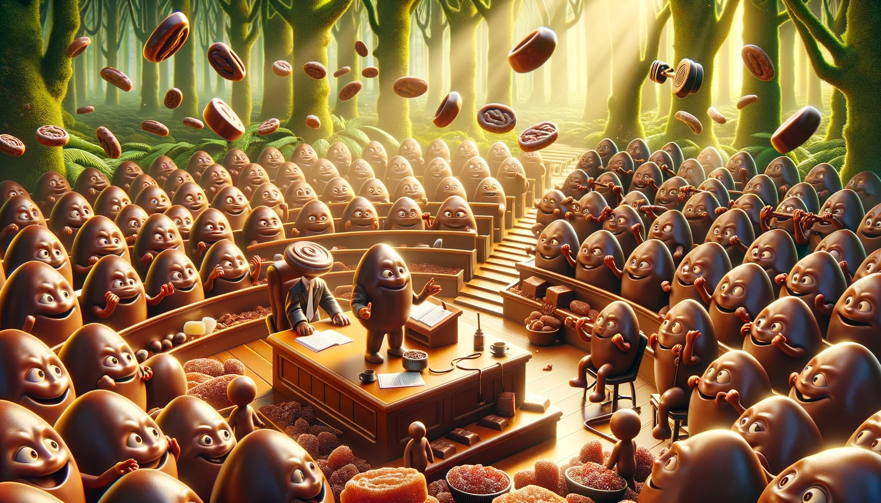 Imagine an exceptionally humorous, realistic image, showcasing a scene where a group of 'Sugar-Free Chocolates' are in perfect harmony in their scenario. These chocolates are amusingly living their own lives, perhaps conducting a meeting in a mini chocolate parliament, wearing tiny suits. Some could be joyfully exercising in a little chocolate gym, lifting tiny raisins as weights, depicting their healthier nature. The background is flooded with luscious cocoa trees, and pristine sugar crystals replaced with sweetener substitutes. The scene is bathed in the warm, inviting glow of soft sunlight, creating a perfect, utopian world for these 'Sugar-Free Chocolates'.