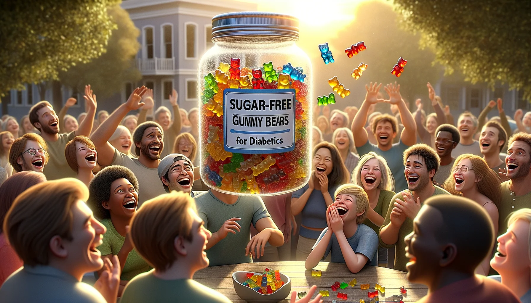 Imagine a lighthearted, amusing scene unfolding on a sunny afternoon. In clear focus is a large glass jar, shining with reflected sunlight, brimming with sugar-free gummy bears of various vibrant colors. The label on the jar clearly reads 'Sugar-Free Gummy Bears for Diabetics'. Around the jar are happy people of different genders and descents, visually representing diabetics, examining and enjoying these colorful treats. There's laughter, camaraderie, and a sense of joy in the air, perhaps from a joke just said. The onlookers' expressions range from delighted surprise to outright guffaws, making the scenario realistic yet amusing.