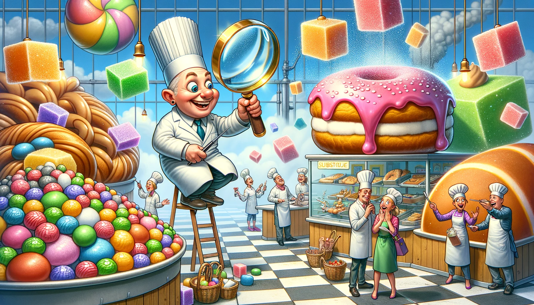 Create a comical, realistic image representing the concept of 'Sugar Reduction Solutions in Sweets'. Picture a candy shop with a variety of colorful sweets, but with a twist. In one corner, a tiny, whimsical scientist with a large magnifying glass is carefully reducing the size of a colossal sugar cube that's as big as himself. In another, a pastry chef is drizzling a shining, almost pixie-dust-like substitute onto a giant doughnut. Shoppers with surprised and fascinated expressions are trying out these unusually 'healthy' sweets, chuckling at the unconventional yet effective ways of reducing sugar.