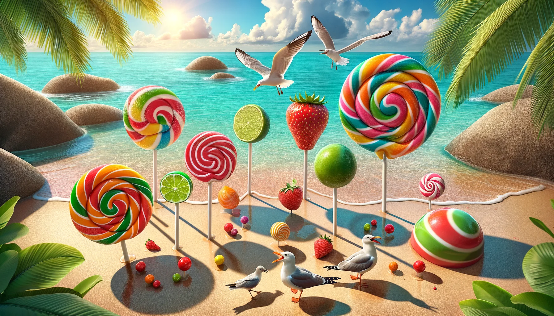 Imagine a comical and realistic scene experienced during a sweltering summer day. Multiple oversized fruit-flavored lollipops, with delicious strawberry, tangy lime, and exotic mango flavors, are scattered carelessly throughout a beautiful tropical beach. There's one stuck unevenly in the sand, casting long candy-striped shadows. A couple of pesky seagulls are humorously attempting to peck at another one. A refreshing sea breeze rustles the palm fronds and the sun casts brilliant reflections off clear turquoise waters, heightening the festivity of the scene. All of this creates an inviting, tasty and laugh-inducing image of a perfect summer day.