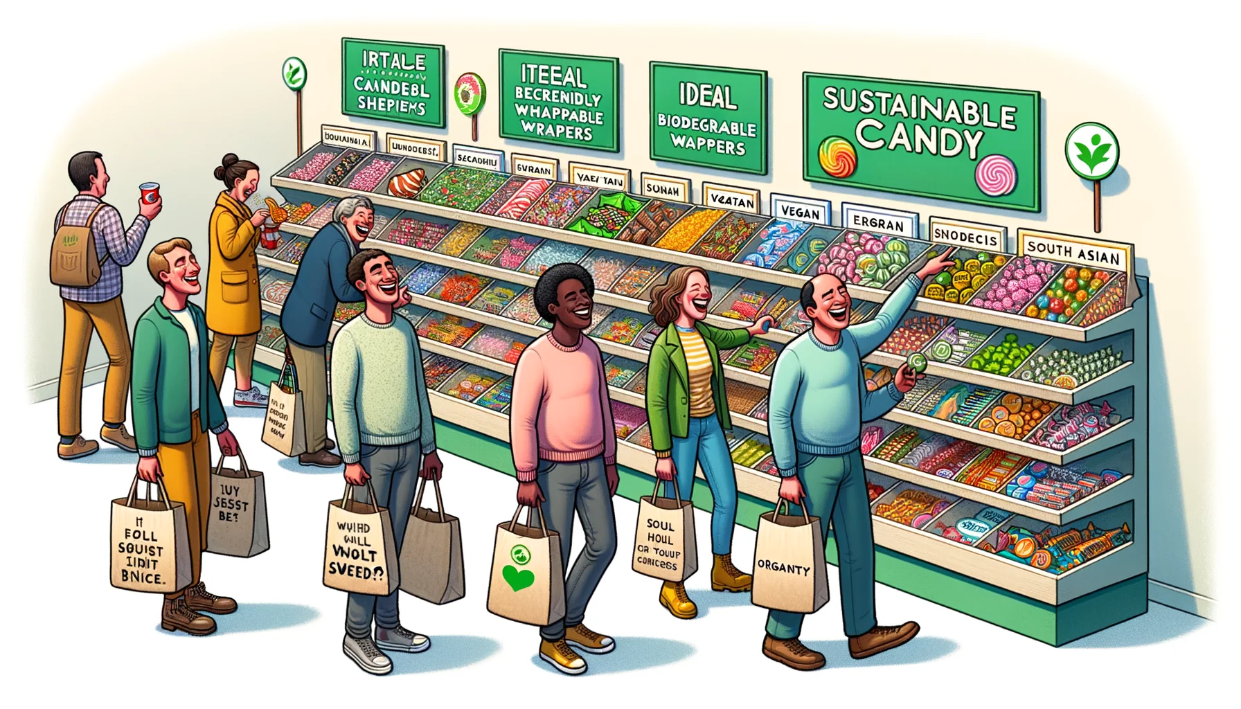 Visualize a humorous and realistic illustration that illustrates ideal 'Sustainable Candy Shopping Options'. This could include a range of eco-friendly candy options on the shelves like biodegradable wrappers, vegan sweets, and candies made from organic ingredients. Shoppers, each person of differing ethnicity such as Caucasian, African, and South Asian, male, female and non-binary are laughing and jesting while marveling at the candy varieties. They fill their reusable bags with candies, and the shopkeeper is also finding the entire scene amusing. Integrated within the image are funny signs that carry sharp-witted eco-puns related to sustainability and candy.