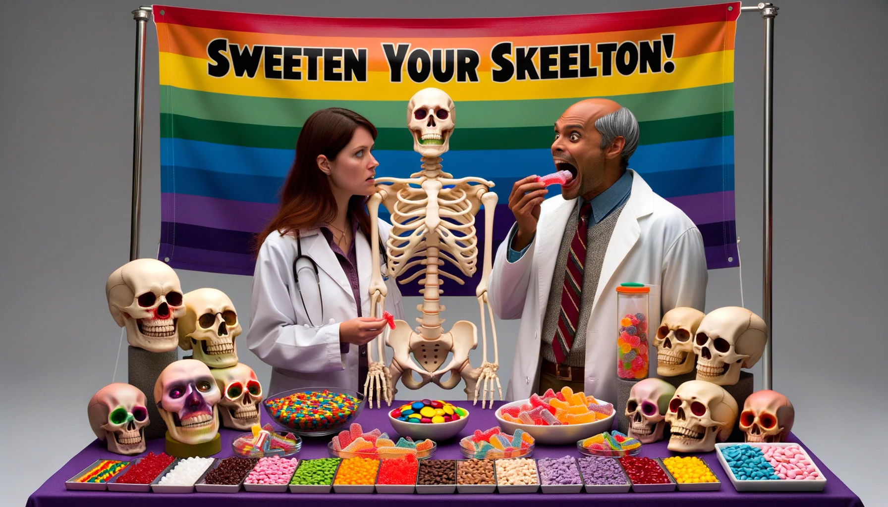 Imagine a humorous, ultra-realistic scene at a health fair. A South Asian woman in a white lab coat stands behind a colorful booth, inscribed with the bold letters 'Sweets for Bone Density Improvement.' Her table is laden with an array of colorful candies and sweets, all shaped like different bones - femurs, tibias, skulls, and more. To her side, a Caucasian man is biting into a pelvis-shaped gummy, his face twisting in surprise, baffled but enjoying the concept. In the backdrop, a rainbow banner proclaims the catchphrase: 'Sweeten Your Skeleton!'