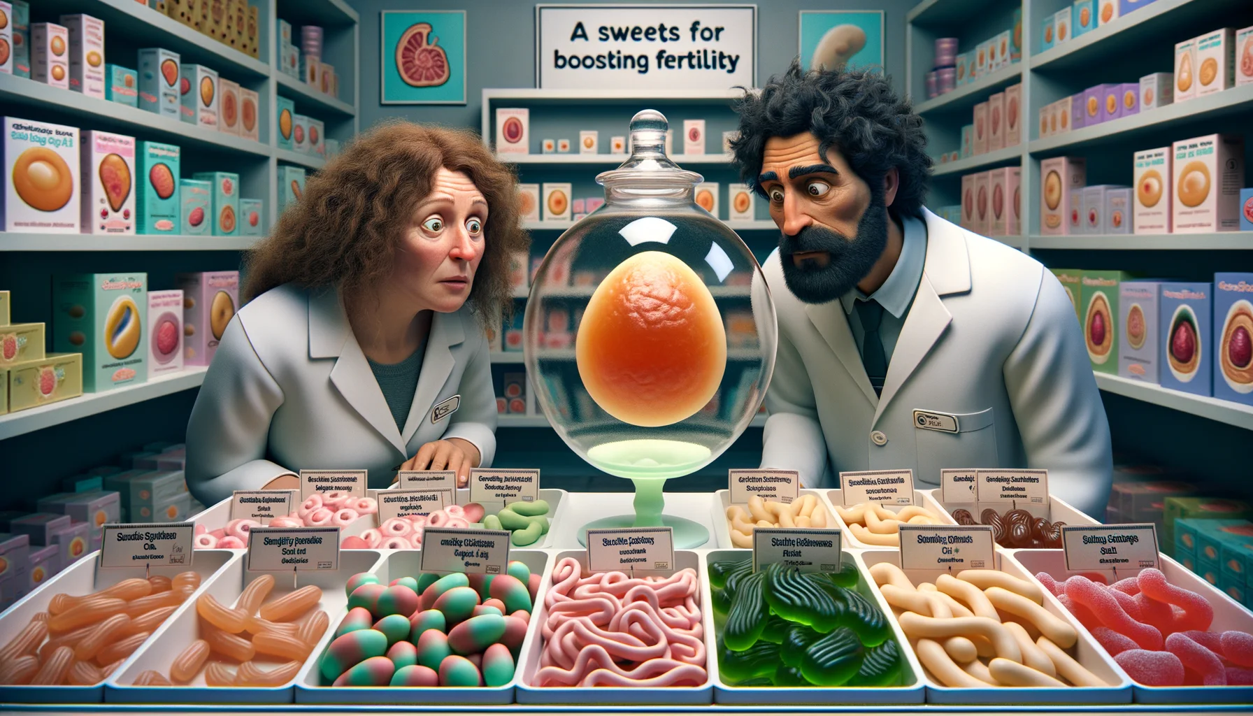 Imagine a lively, humorous scene in a scientifically advanced candy store. The shelves are full of uniquely shaped candies labeled as 'Sweets for Boosting Fertility'. Each piece of candy resembles a different human cell or structure related to fertility. In the midst of this quirky display, a couple of diverse backgrounds, a Caucasian woman with curly hair and a Middle-Eastern man with a well-trimmed beard, are curiously examining a giant gummy egg cell, having mixed reactions. The overall atmosphere is light-hearted, creating a juxtaposition with the serious theme.