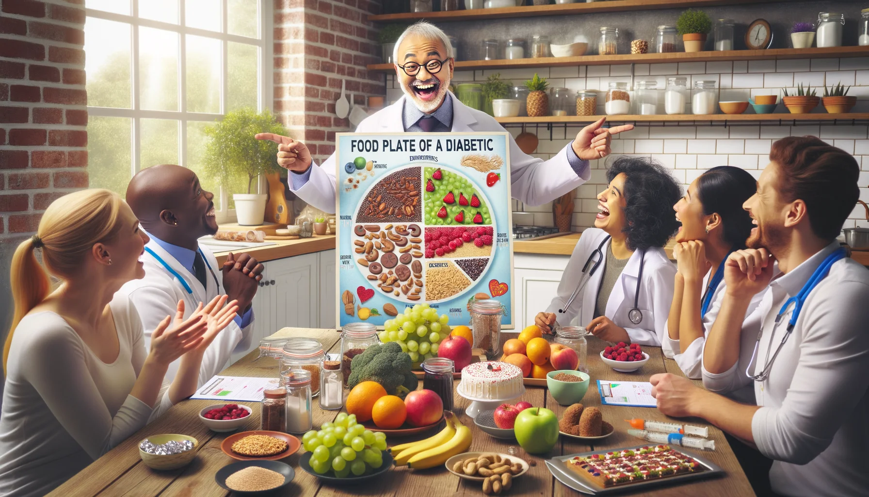 Create a realistic, humorous image of a charming scene rooted in health and wellness. The setting is a beautiful, clean kitchen, filled with beautifully arranged sugar-free sweets. A middle-aged Caucasian man, portraying nutritionist, is conducting a lively workshop. He is pointing at a large, colorful poster of the 'Food Plate of a Diabetic', with a cheeky smile. Attendees involve a South Asian female doctor learning intently and a young Black male, chuckling as he combines ingredients for a diabetic-friendly sweet dish. The table is packed with fruits, nuts, whole grains, and sugar alternatives. The general atmosphere is jolly and educational.