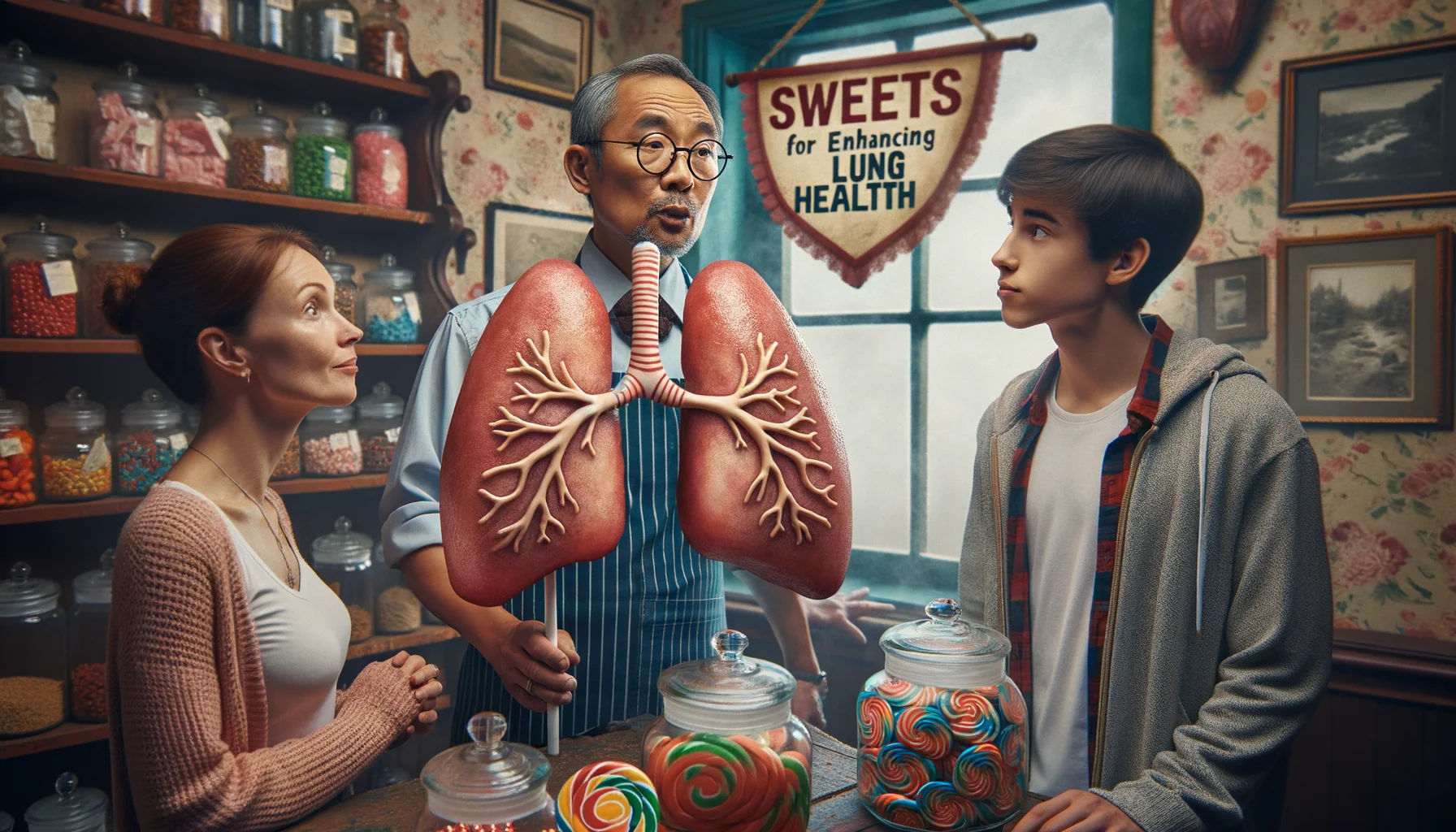 Create a humorous yet realistic image interpreting 'Sweets for Enhancing Lung Health'. Imagine a scene set in a rustic old-fashioned candy shop. The shopkeeper, a middle-aged Asian man with spectacles, is presenting a large lollipop fashioned to resemble a pair of healthy, vibrant lungs. A Caucasian female customer in her 30s, looking visibly amused, is holding the lollipop while her teenage Hispanic son, with a look of wonderment, is inspecting the candy. The walls are lined with jars of colorful confections, and a bold vintage sign proclaims 'Sweets for Lung Health'.