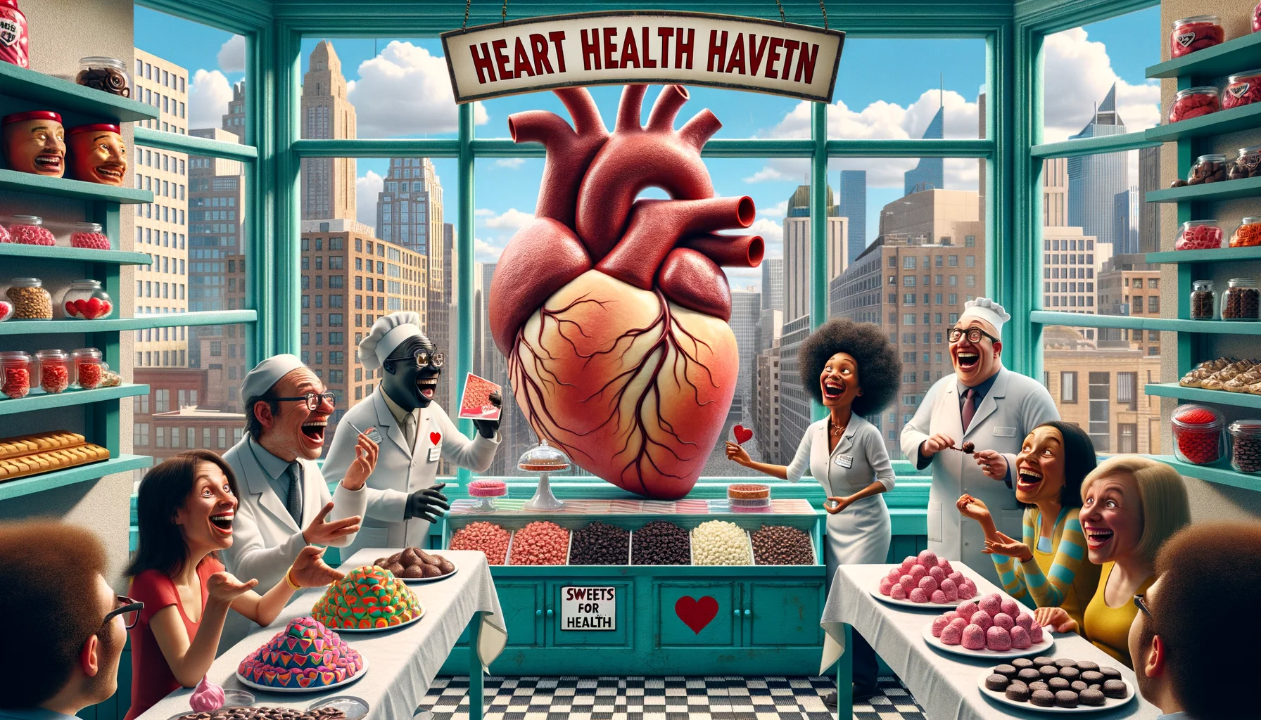 An unusual humorous scene of a real-life bakery nicknamed 'Heart Health Haven'. The bakery is filled with people of various descents and genders, laughing and amazed at an oversized artistic sculpture of a human heart made entirely from sugar-free, dark chocolate. On each side, there are shelves lined with colorful heart-shaped sweets. Bakery staff, consisting of a black female baker and a white male confectioner, are joyfully offering free samples of these heart-healthy sweets to the customers. A quirky sign overhead reads, 'Sweets for Heart Health'. Outside, through the shop window, a skyscraper cityscape, a sunny blue sky with fluffy white clouds can be seen.
