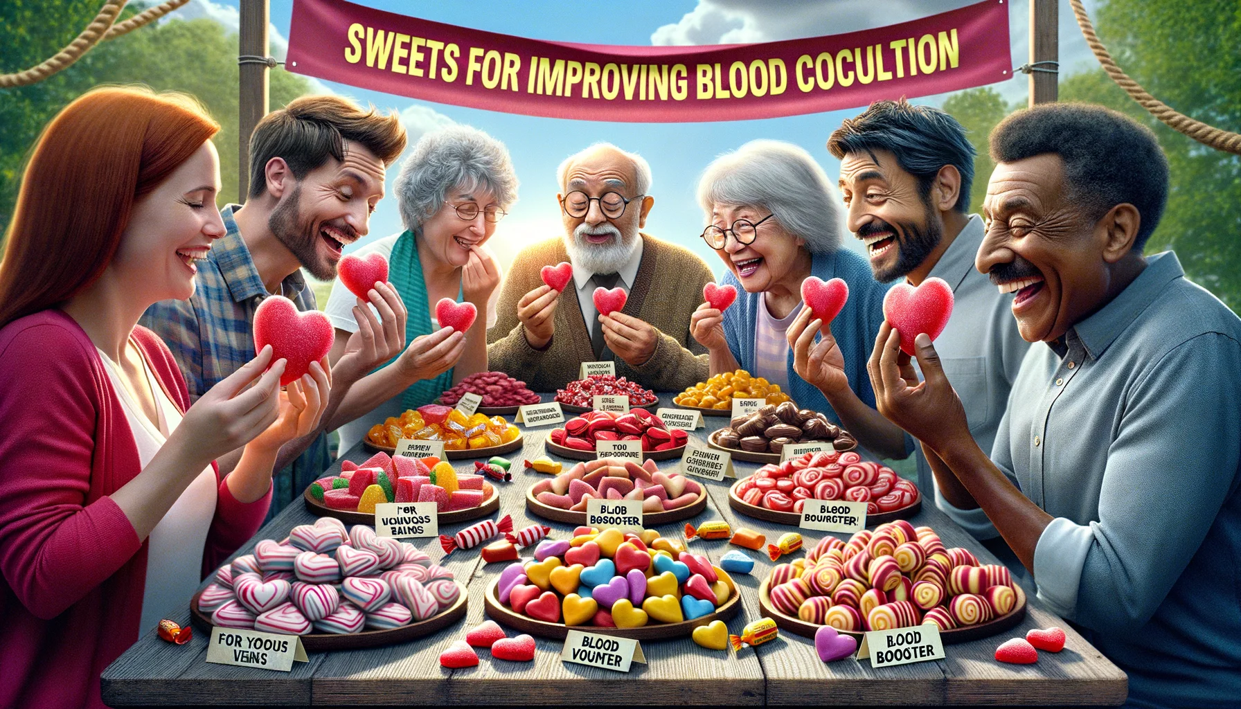 Imagine a humorous yet lifelike scene displaying a variety of colorful, delicious heart-shaped sweets arranged in an inviting spread on a wooden table, each tagged with playful labels saying 'For Joyous Veins', 'Blood Booster', and 'Circulation Candies'. All around the table, people of different descents - a Caucasian woman, a Hispanic man, a South Asian child, and a Middle-Eastern elderly man are gleefully holding, examining or eating these sweets with eager expressions and laughing. Additionally, there's a banner overhead playfully stating 'Sweets for Improving Blood Circulation' against a sunny outdoor background.