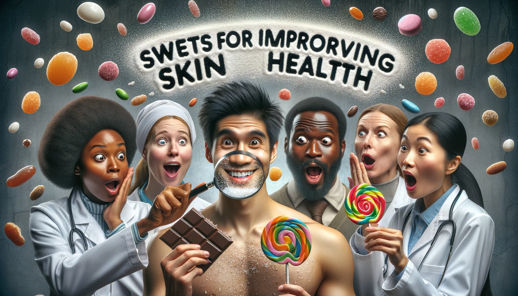 A humorous and realistic image featuring a scenario where a diverse group of individuals are indulging in sweets that are labeled as 'For Improving Skin Health'. A Black female dermatologist, astonished, holds a magnifying glass to a happy Caucasian man's radiant skin, with sugar crystals illuminatively twinkling. A surprised South Asian woman holds a colorful candy, while a Hispanic man grins, holding an antioxidant-rich dark chocolate bar. Balancing the humor is a Middle-Eastern female nutritionist, amused and shocked, analyzing a multicolored lollipop. 'Sweets for Improving Skin Health' is humorously written in airy sugar dust above the scene.