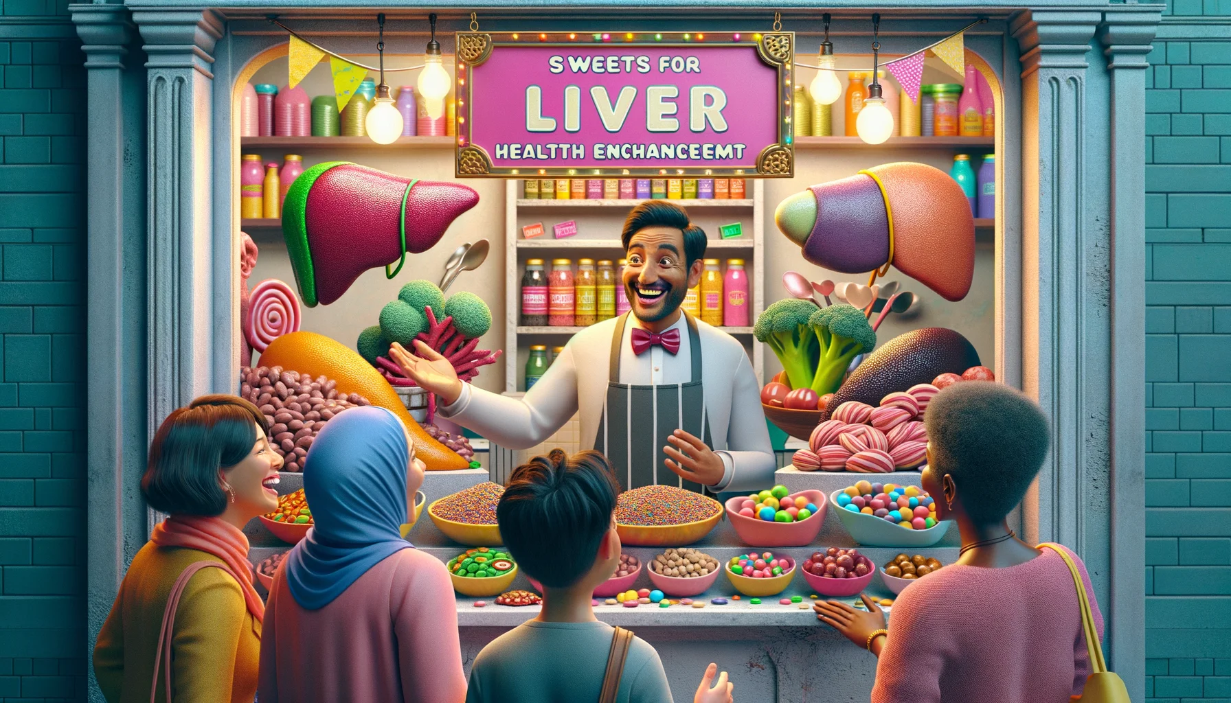 Imagine a whimsical yet realistic scenario in a brightly-lit candy shop. The sign above the entrance reads, 'Sweets for Liver Health Enhancement.' A smiling South Asian male shopkeeper is behind the counter, showing a variety of colorful, imaginative candies crafted into funny shapes of liver and healthy foods like broccoli, beets, and nuts. Customers of different genders and descents, like a Middle-Eastern woman and a Caucasian boy, are laughing and pointing at the candies with excitement. There is a sense of positive energy and humor that fills the air, making it an enticing scene.