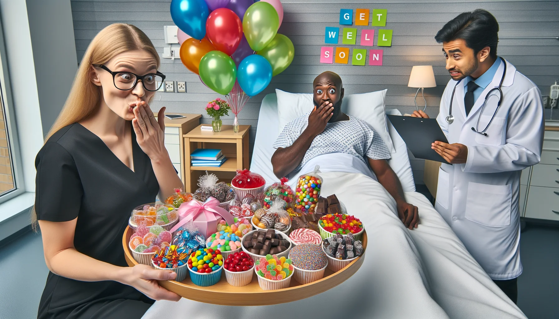An amusingly realistic scenario showing a selection of sweets ready for post-surgery recovery. In the middle of a hospital room filled with balloons, a Caucasian female nurse presents a tray full of various brightly colored, enticing candies and chocolates. A Black male patient, sitting comfortably on the hospital bed, wears a surprised and delighted expression, eyeglasses perched on his nose. His Middle-Eastern male doctor, bewildered, watches the scene unfold while holding his medical chart. Get well soon cards are placed on the side table complementing the joyful atmosphere.