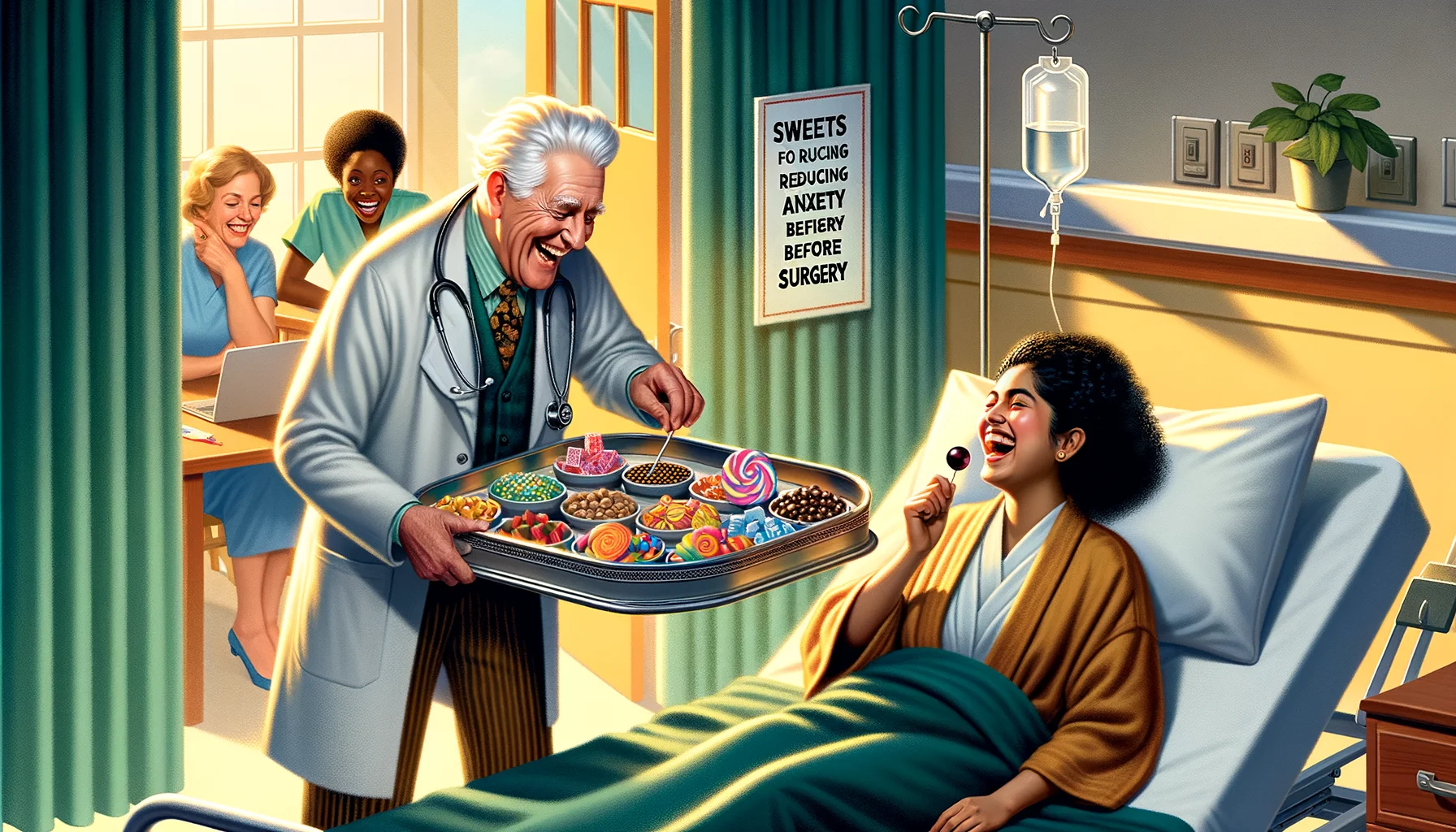 An amusing yet realistic illustration showcasing a situation in a bustling hospital. An elderly male doctor of European descent is joyfully presenting a colorful assortment of sweets and candies from a silver tray to a young woman with a South Asian descent, dressed in a robe, sitting anxiously on a hospital bed. She’s laughing and picking a lollipop. On the bedside table, a sign titled 'Sweets for Reducing Anxiety Before Surgery'. A nurse, a black woman, is chuckling while looking at them from the door frame. The room is filled with sunshine giving a warm and hopeful ambiance.