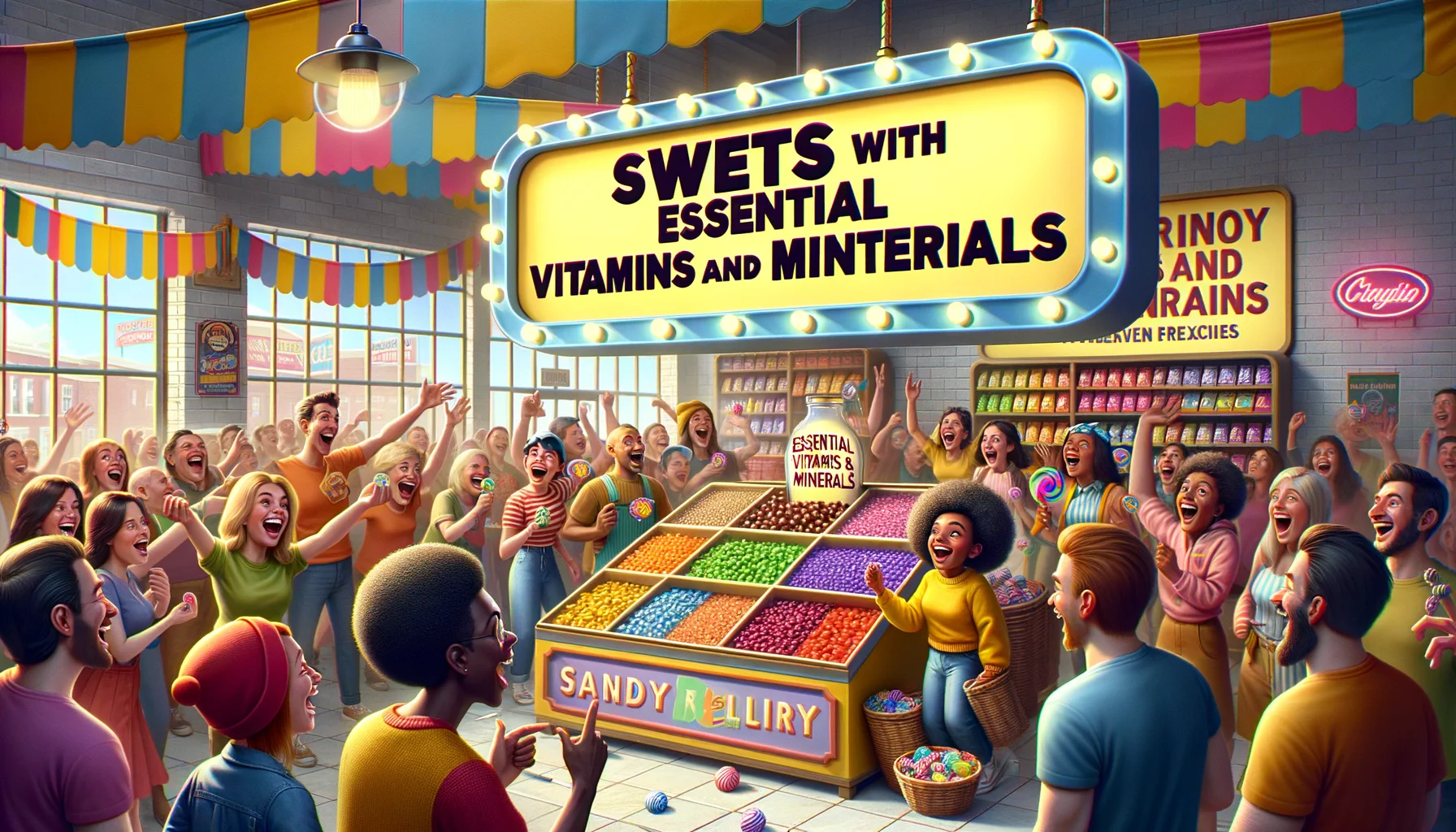 Create a humorously realistic scene that could go viral, showcasing a set of confections ingeniously infused with essential vitamins and minerals. The setting is a bright, cheery candy store with displays full of colorful sweets. There's a crowd of diverse people laughing and pointing at the candies, their faces showing surprise and pleasure in discovering that these sweets are also nutritious. On a large sign overhead, vibrant letters spell out, 'Sweets with Essential Vitamins and Minerals.' Make sure the overall atmosphere is pretty fun and the image delivers a sense of delight and amusement.