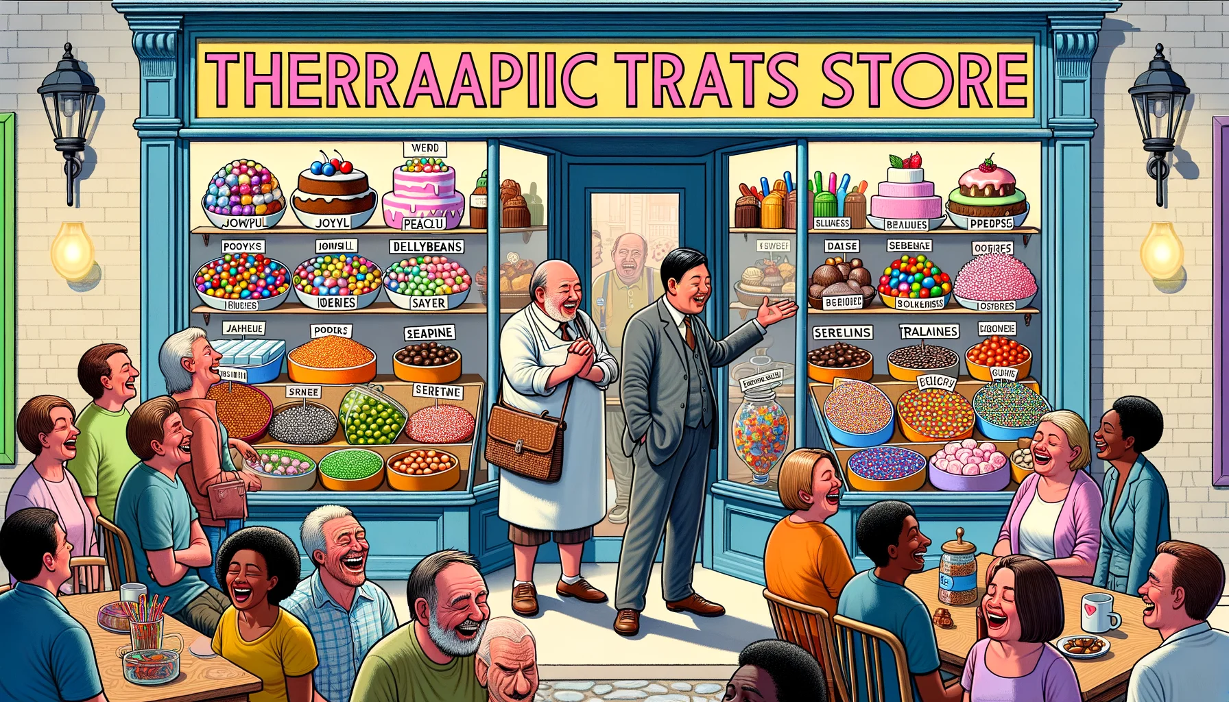Depict a humorous yet realistic scenario, where different kinds of sweets are presented as having mood-stabilizing ingredients. Imagine a candy shop full of customers with a large display of cheerily branded sweets such as 'Joyful Jellybeans’, ‘Peaceful Pralines’, ‘Serene Sugars', etc. There's an array of colourful cakes, candies, and chocolates, all humorously labeled with mood-stabilizing terms. The shopkeeper, an older man of Asian descent, is explaining the 'powers' of these sweets to a diverse crowd of laughing customers, including a black middle-aged woman and a young Hispanic man. The storefront has a large, vibrant sign proclaiming it as the 'Therapeutic Treats Store'.