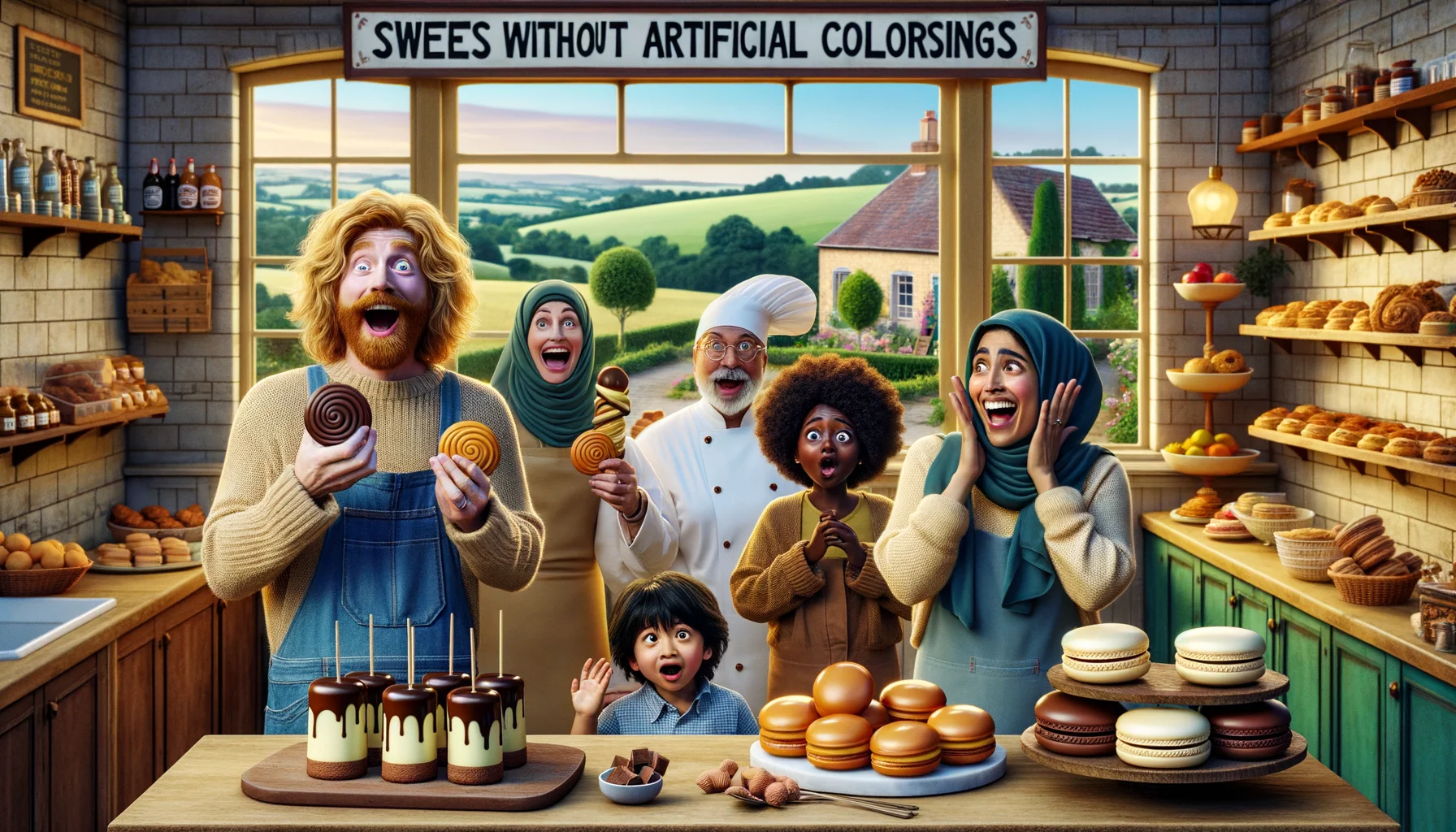 Imagine a humorous and realistic scene set in a charming little bakery overlooking a peaceful countryside landscape. Inside, a diverse group of people, including a Caucasian female baker, a South Asian male customer, and a Middle-Eastern child, are all showing exaggerated expressions of joy and surprise. They are holding natural-colored sweet treats without any artificial colorings - think deep brown chocolate cookies, golden caramel flans, and creamy white macarons. The bakery has a rustic, cosy interior with warm wooden furniture and a display of pastries overflowing with vibrant, fresh fruits. On the shop window, a big sign reads, 'Sweets Without Artificial Colorings'.