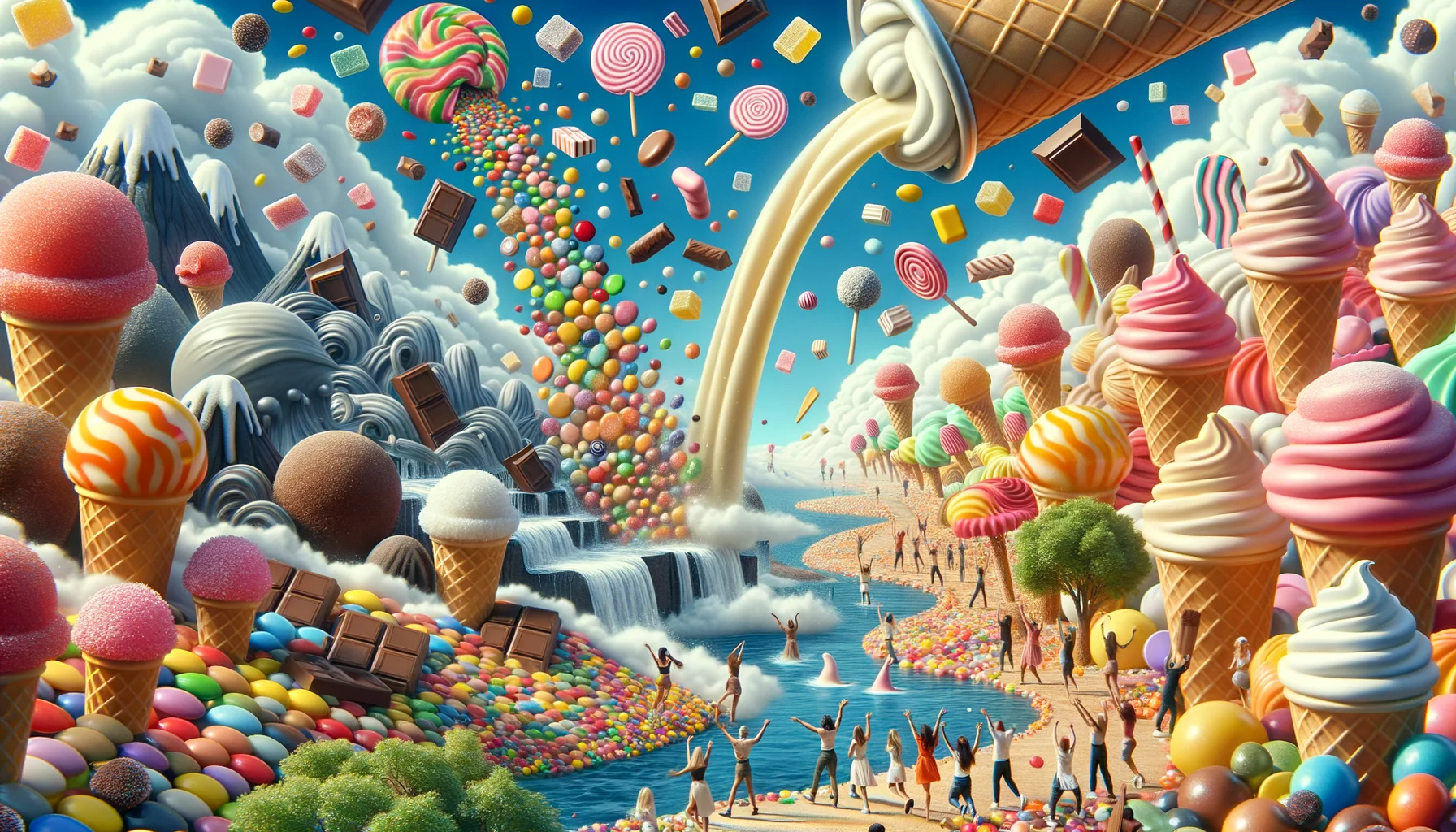 Craft a humorous and engaging image in a realistic setting that captures the ultimate scenario for sweets. Imagine a cascade of assorted candies pouring from the sky, awestruck people of different descents and genders on the ground, turning their faces upwards with wide smiles. A modified version of reality, foamy milkshakes and ice creams replace typical clouds. Chocolate rivers flow through the landscape, and waffle cones are acting as trees. Everything is immaculately colorful and tantalizingly sweet.