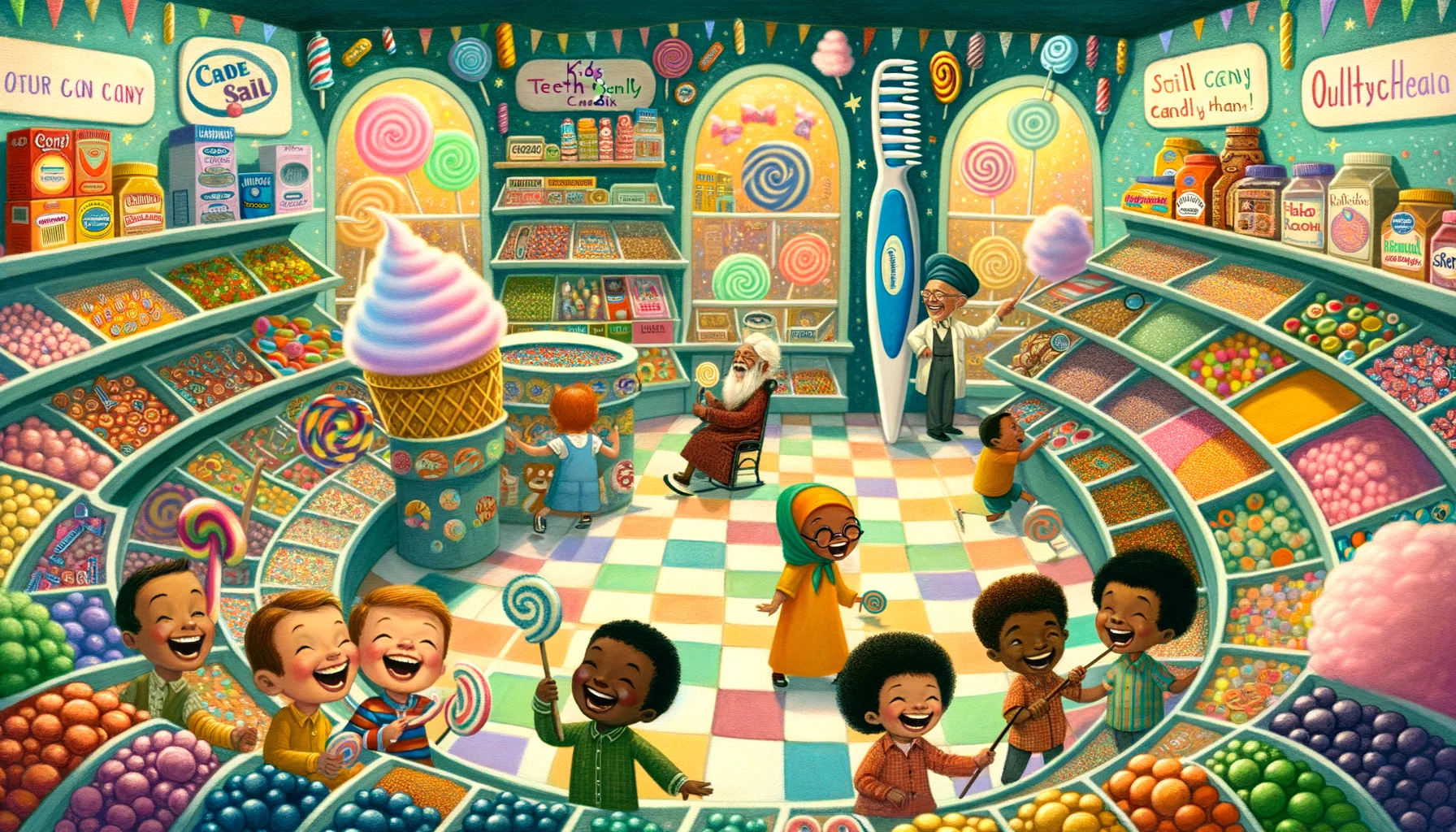 Imagine yourself in a whimsical candy store overflowing with varieties of kids' teeth-friendly candies! The sweets come in vibrant colors and intriguing shapes that pique everyone's curiosity but still ensure dental health. One corner of the store features a huge toothbrush as a symbol of oral hygiene. Children of various descents: Caucasian, Hispanic, Black, Middle-Eastern, South-Asian and the store owner, an elderly East Asian man, gleefully pick their candies. The walls are adorned with wispy cotton candy clouds, and the floor appears as a rainbow swirl of different candy flavors. The entire atmosphere spells joy, laughter, and a funny take on kids' candy choices.