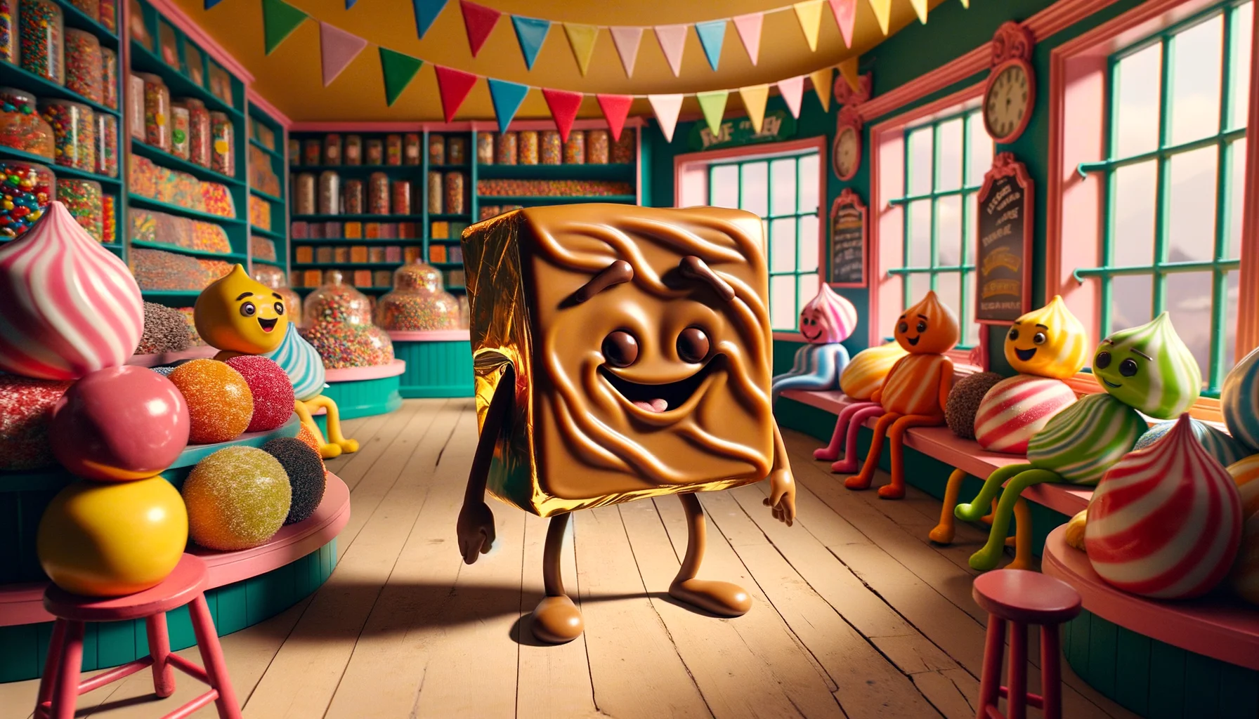 Imagine a delightful and humor-filled scene situated in a charming candy shop. The centerpiece of the image is 'Toffee', envisioned as a character inheriting traits from a bar of toffee candy, with a golden-brown, shiny texture and a whimsical smile. This character is placed in the 'perfect scenario' which is a toffee making competition. Toffee, using its appendages made of soft, bendable toffee, is humorously struggling to wrap itself, but is decidedly cheerful about it - the ultimate irony of a toffee wrapping a toffee. The surroundings are filled with vibrant candy colors and chuckling customers of all age groups watching the fun unfold.