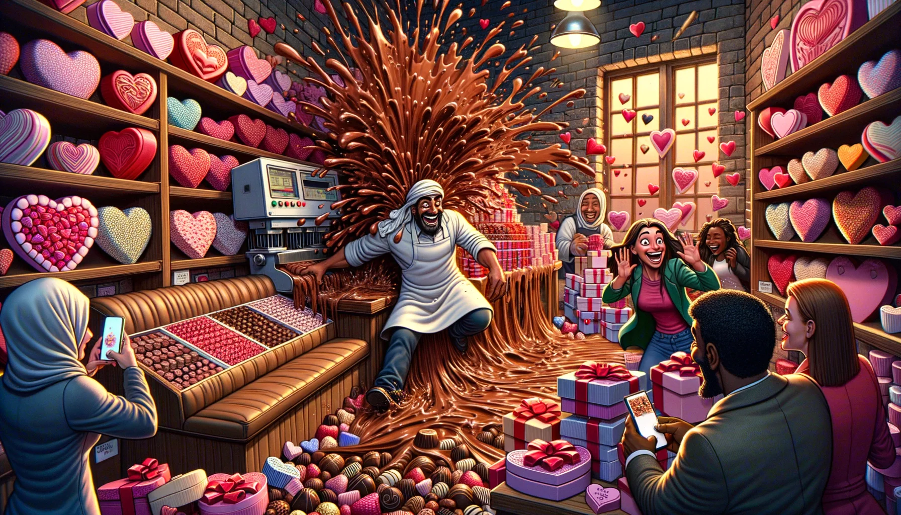 Imagine a humorous scene unfolding on Valentine's Day, set in a whimsical chocolate shop. A wide array of assorted chocolates in heart-shaped boxes, each piece intricately designed and multi-colored, lines the shelves. The characters in the scene are a flustered male shopkeeper of Middle-Eastern descent trying to handle a waterfall of chocolate flooding from a machine on overdrive, and a female customer of African descent, finding it hilarious and taking photos with her smartphone, completely amused by the chaos. Beneath all the craziness, you can feel the warm and romantic vibe typically associated with Valentine's Day.