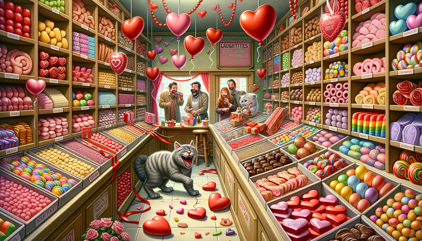 A humorous and realistic depiction of a perfect Valentine's Day scenario. A lively scene is unfolding in a cozy candy shop, with shelves lined with various heart-shaped sweets. These colorful sweets range from chocolates with cream fillings, gummies of all flavors, to delicious sugar cookies. Laughter bubbles from unseen customers provides a festive, good-humored backdrop. Additionally, a mischievous store cat playfully pokes at a red ribbon that has fallen from a package of the sweets. A series of colourful balloons float gently near the ceiling, adding further jovial elements to the scene.