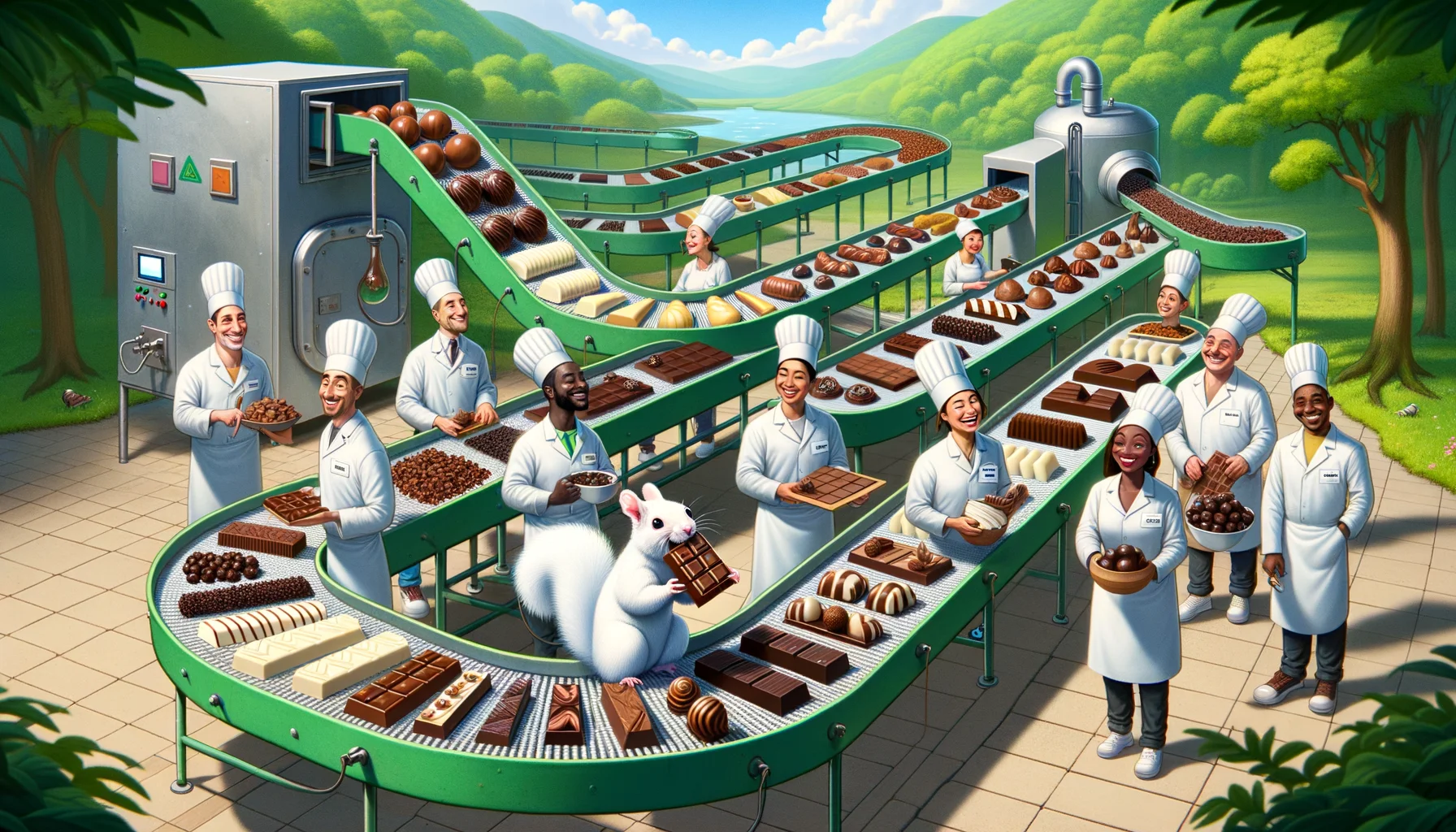 A humorous scene set in a perfect world for vegans. In this envisioned location, there are innovative chocolate-based solutions for every possible craving that a vegan might have. The image showcases a whimsical chocolate factory is in the background, with conveyor belts running high with a variety of different shaped and sized vegan chocolates. The chocolates are made from all-natural, plant-based ingredients, mirrored by surrounding lush greenery. Friendly factory workers of different descents, including Caucasian, Hispanic, and South Asian, joyously produce and taste-test the chocolate. An amusing sight: a white-furred squirrel, wearing a chef's hat, nibbling on a chunk of vegan chocolate, humorously signifies the purity and naturalness of the chocolate.
