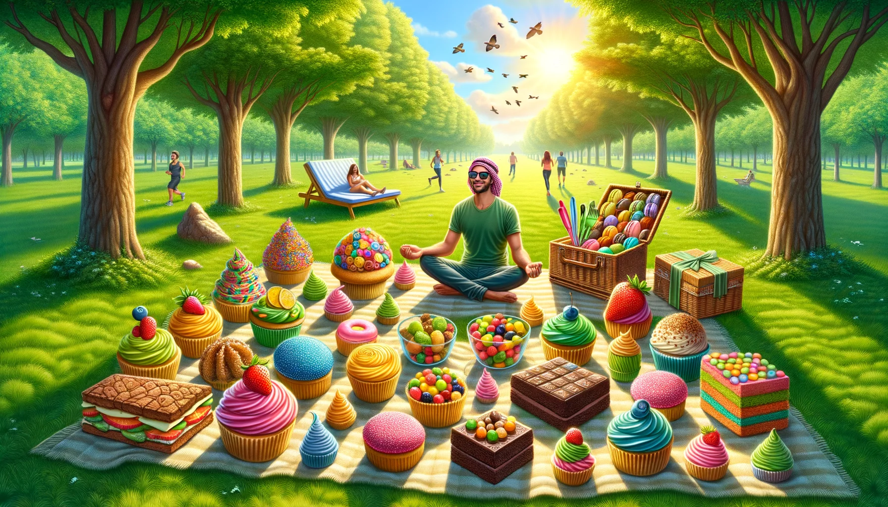 Create a humorous and astoundingly realistic image depicting an ideal setting for enjoying vegan sweets. Picture a lush green park on a bright, sunny afternoon. There could be a picnic blanket laid out on the greenery, with an array of brightly hued, mouthwatering vegan sweets carefully arranged. Include delectable vegan cupcakes, dazzling pastel-colored macaroons, exotic fruit drags, and dark chocolate vegan brownies. In the background, trees are rustling with the gentle breeze, birds are chirping cheerfully, and far away, a group of people, a Middle Eastern man and a Hispanic woman can be seen jogging.