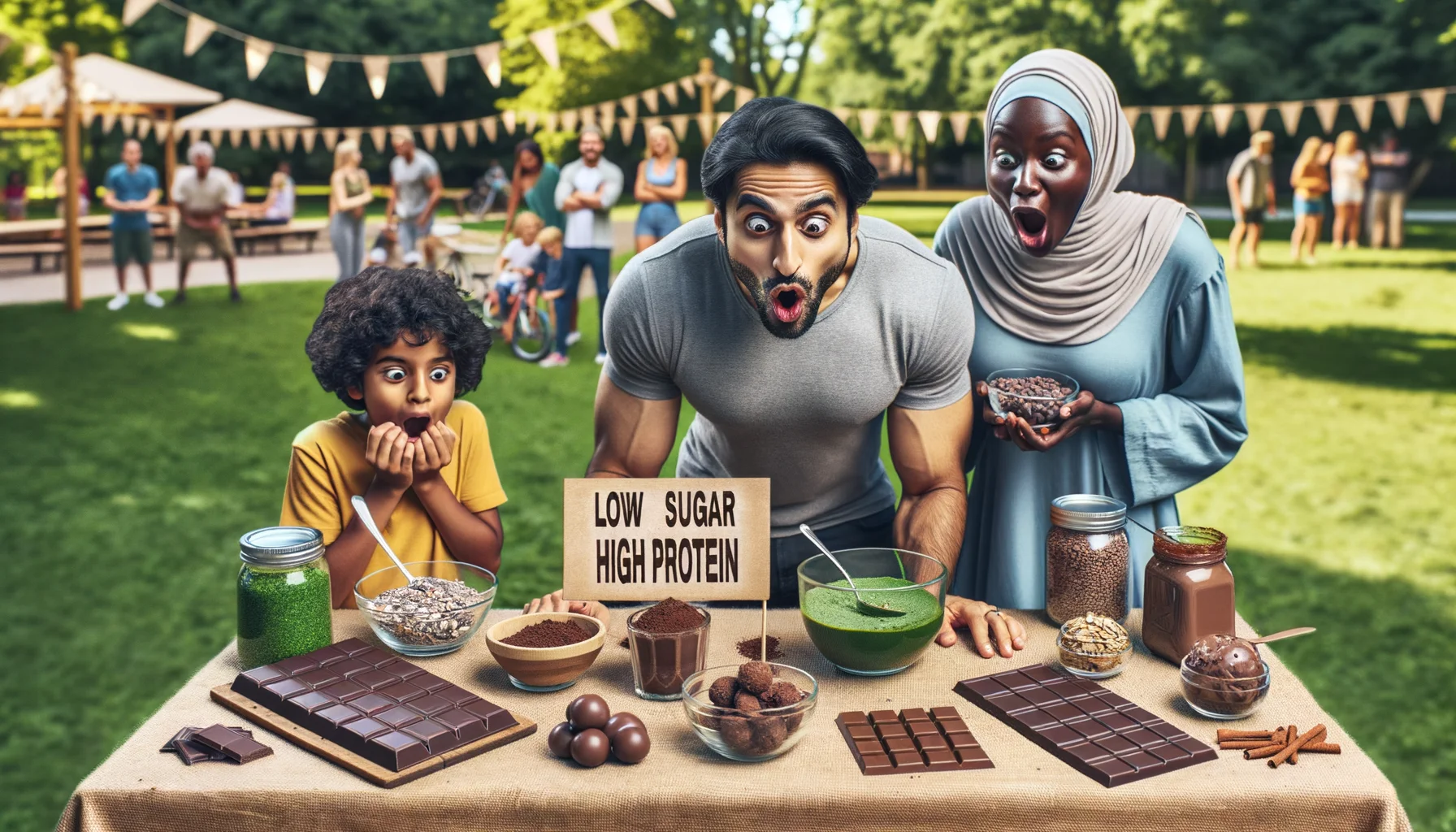 Picture this amusing, realistic scenario: It's a gathering of health enthusiasts in an outdoor park. A South Asian man is showing off his homemade ‘Weight-Conscious Chocolate Alternatives’. The table in front of him is laid out with an array of fascinating, healthy goodies - cacao nibs, dark chocolate infused with spirulina, chocolate oat energy balls, and even chocolate protein shakes. There's a sign proudly displayed, boasting 'Low Sugar, High Protein'. A black woman and a Middle-Eastern kid are tasting the treats with wide-eyed surprise. Their expressions tell tales of unexpected delight, making the scene funny and heartwarming.